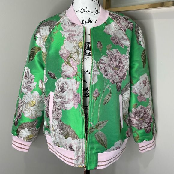 Ted Baker Anjelie Iguazu Jacquard Green Floral Bomber Jacket 3 US8 - Picture 1 of 11